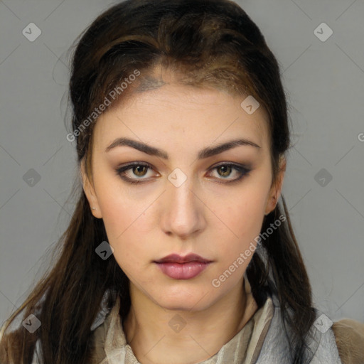 Neutral white young-adult female with medium  brown hair and brown eyes