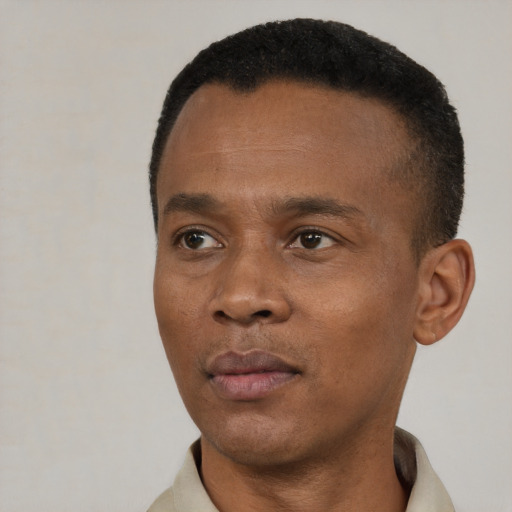 Neutral black young-adult male with short  black hair and brown eyes