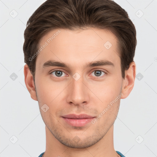 Neutral white young-adult male with short  brown hair and brown eyes