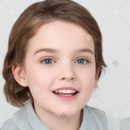 Joyful white child female with medium  brown hair and brown eyes