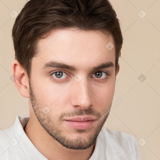 Neutral white young-adult male with short  brown hair and brown eyes