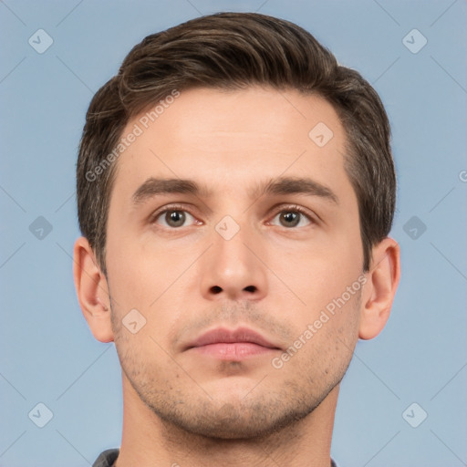 Neutral white young-adult male with short  brown hair and brown eyes