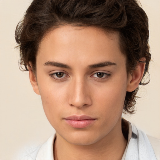 Neutral white young-adult female with short  brown hair and brown eyes