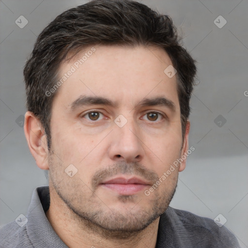 Neutral white adult male with short  brown hair and brown eyes