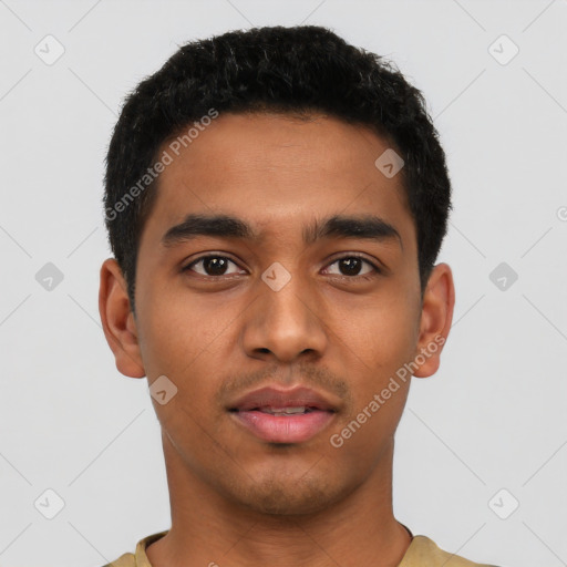 Neutral latino young-adult male with short  black hair and brown eyes