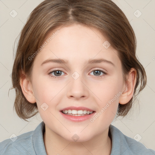 Joyful white child female with medium  brown hair and brown eyes