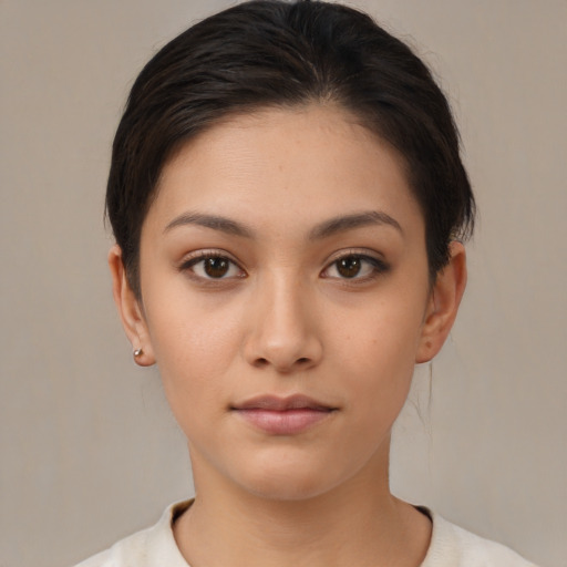 Neutral asian young-adult female with short  brown hair and brown eyes