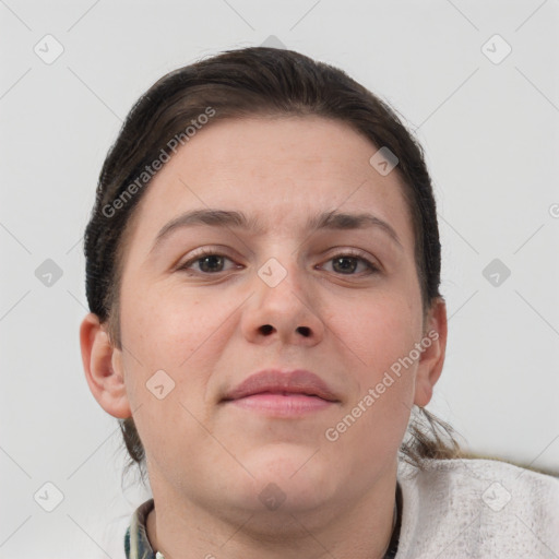 Neutral white adult female with short  brown hair and brown eyes