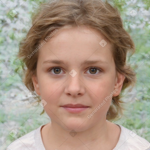 Joyful white child female with medium  brown hair and brown eyes