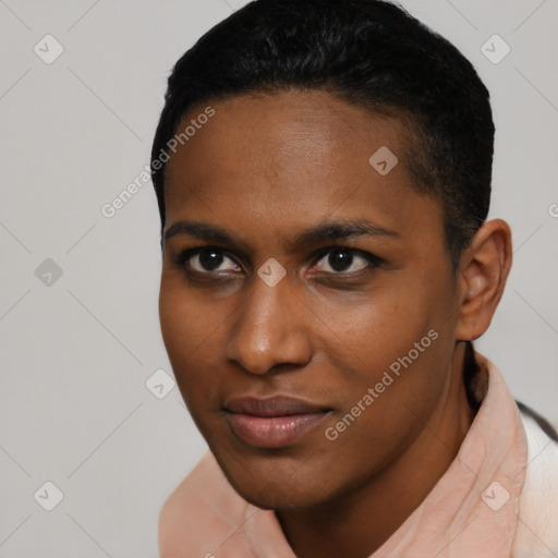 Neutral black young-adult female with short  black hair and brown eyes