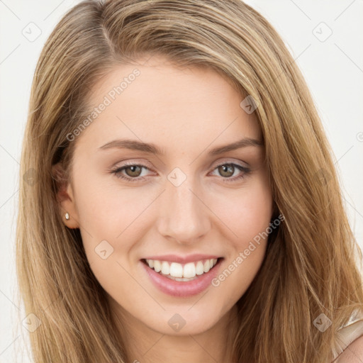 Joyful white young-adult female with long  brown hair and green eyes