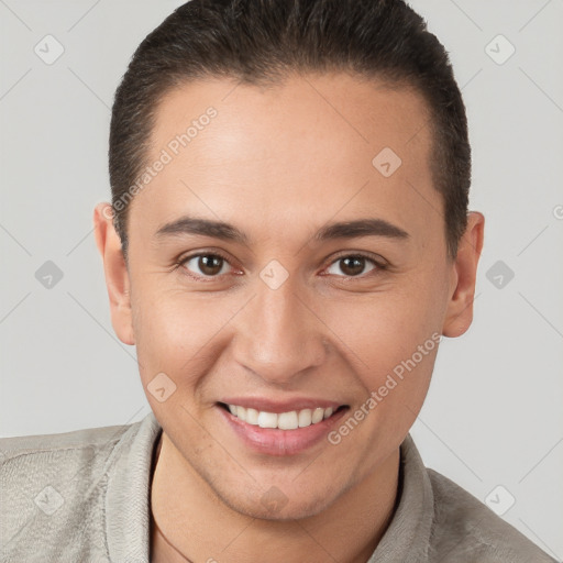 Joyful white young-adult female with short  brown hair and brown eyes