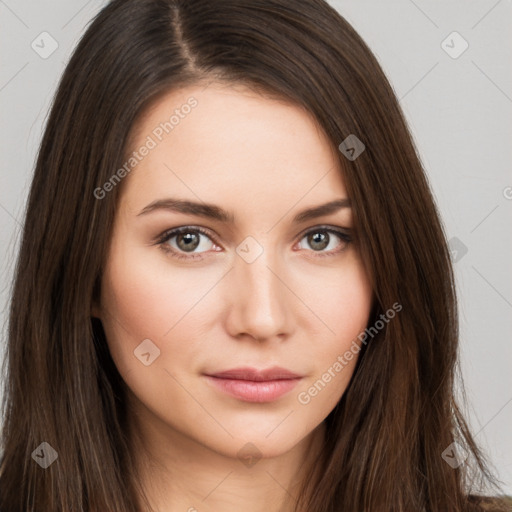 Neutral white young-adult female with long  brown hair and brown eyes