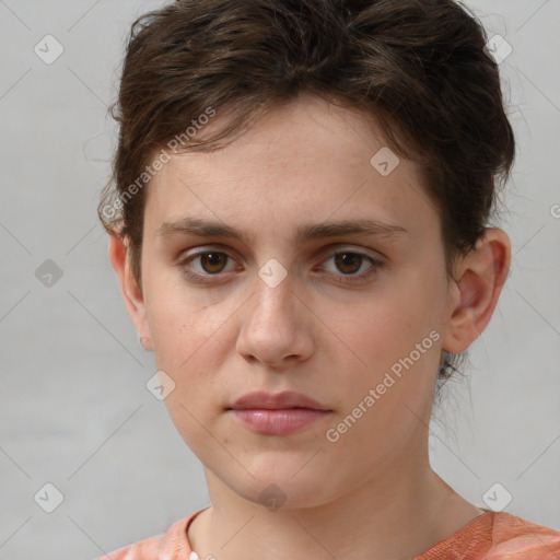 Neutral white young-adult female with short  brown hair and brown eyes