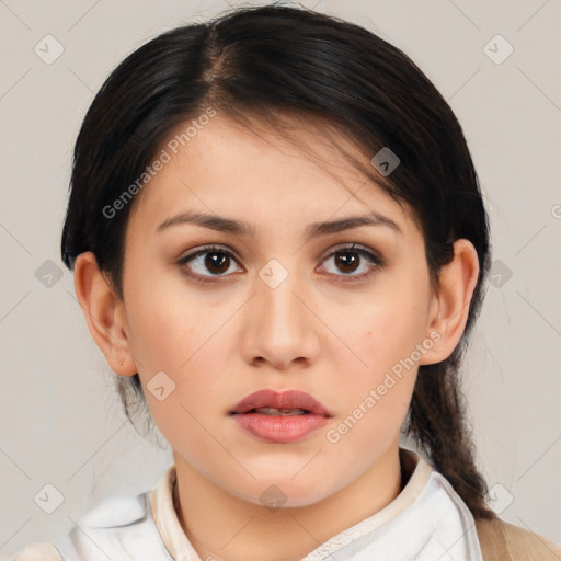 Neutral white young-adult female with medium  brown hair and brown eyes