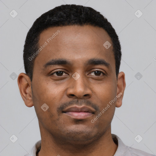 Neutral black young-adult male with short  black hair and brown eyes