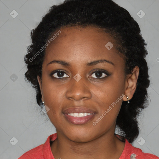 Joyful black young-adult female with medium  black hair and brown eyes