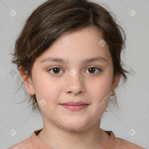 Joyful white child female with medium  brown hair and brown eyes