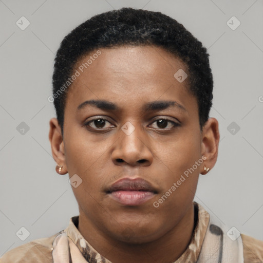 Neutral latino young-adult female with short  black hair and brown eyes