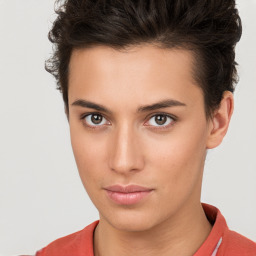 Neutral white young-adult female with short  brown hair and brown eyes