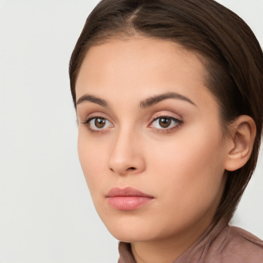 Neutral white young-adult female with long  brown hair and brown eyes