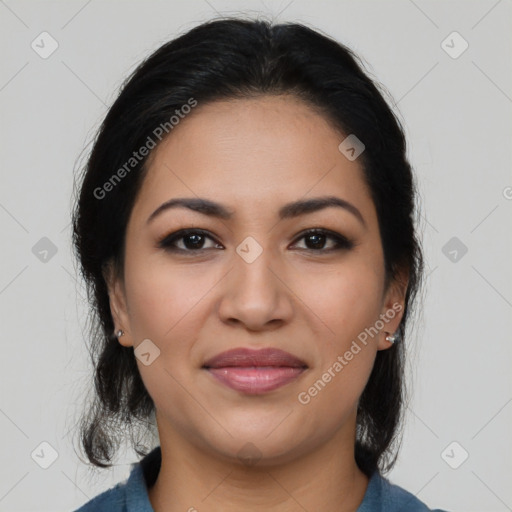 Joyful latino young-adult female with medium  black hair and brown eyes