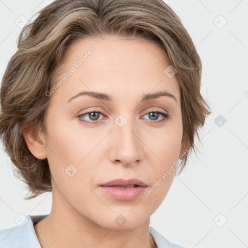 Neutral white young-adult female with medium  brown hair and grey eyes