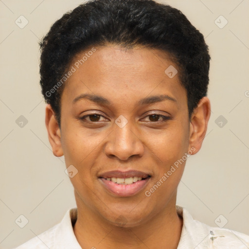 Joyful latino young-adult female with short  brown hair and brown eyes