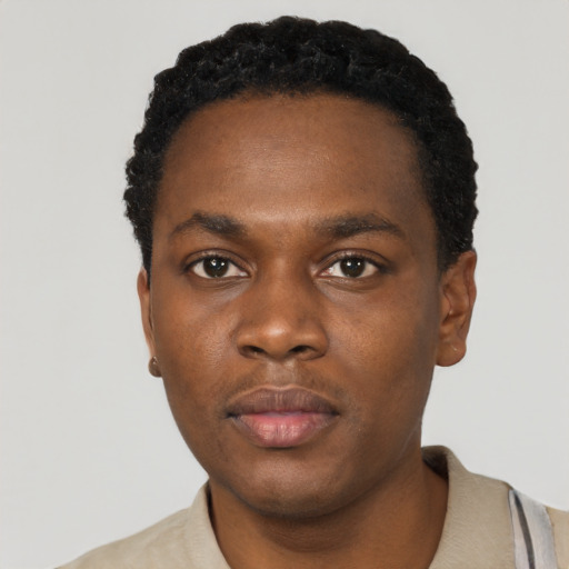 Neutral black young-adult male with short  black hair and brown eyes