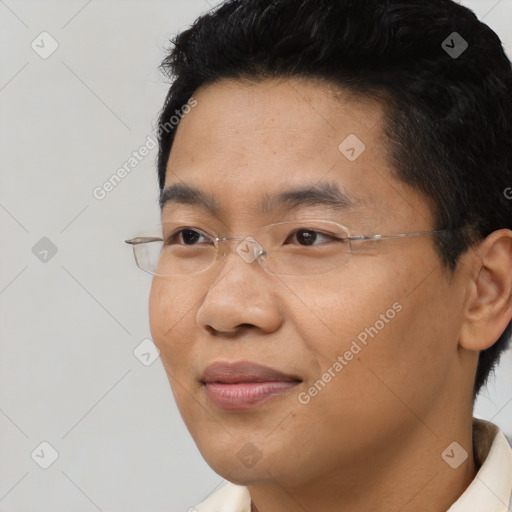 Joyful asian young-adult male with short  brown hair and brown eyes