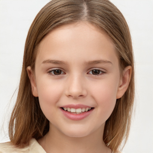 Joyful white child female with medium  brown hair and brown eyes