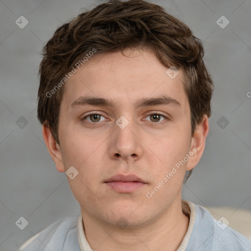 Neutral white young-adult male with short  brown hair and grey eyes