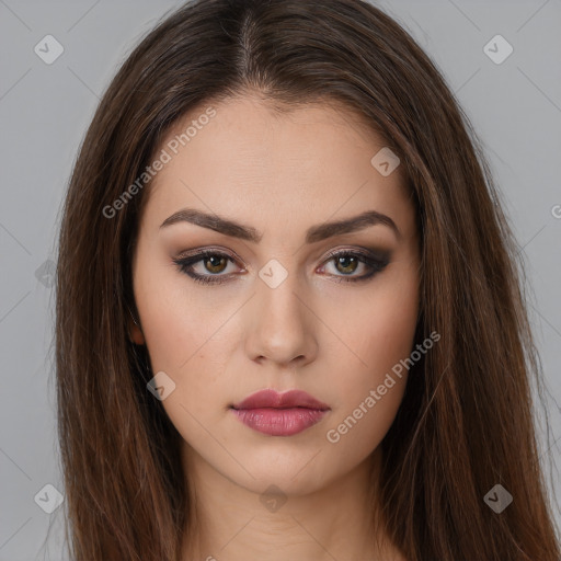 Neutral white young-adult female with long  brown hair and brown eyes