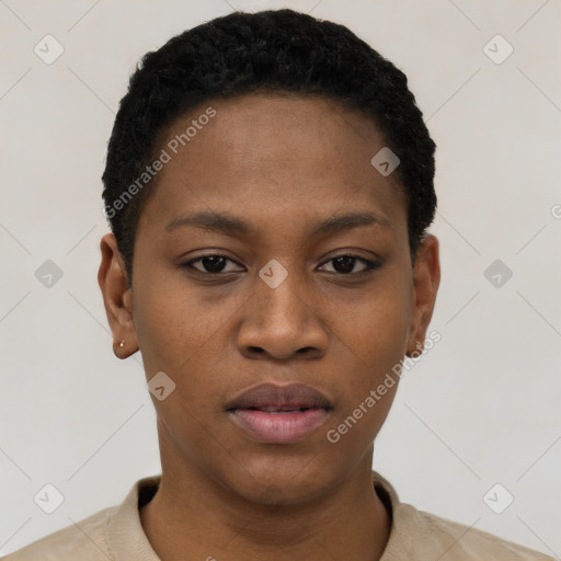 Neutral black young-adult female with short  black hair and brown eyes