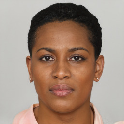 Neutral black young-adult female with short  black hair and brown eyes