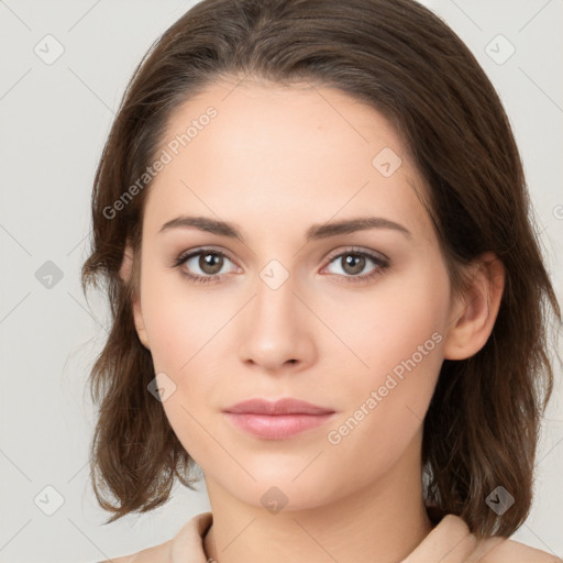 Neutral white young-adult female with medium  brown hair and brown eyes