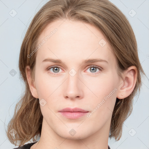 Neutral white young-adult female with medium  brown hair and blue eyes