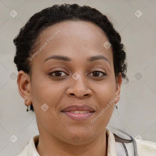 Joyful latino adult female with short  brown hair and brown eyes