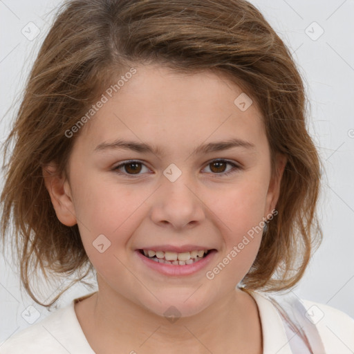 Joyful white child female with medium  brown hair and brown eyes