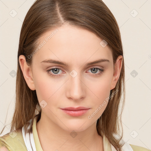 Neutral white young-adult female with medium  brown hair and grey eyes