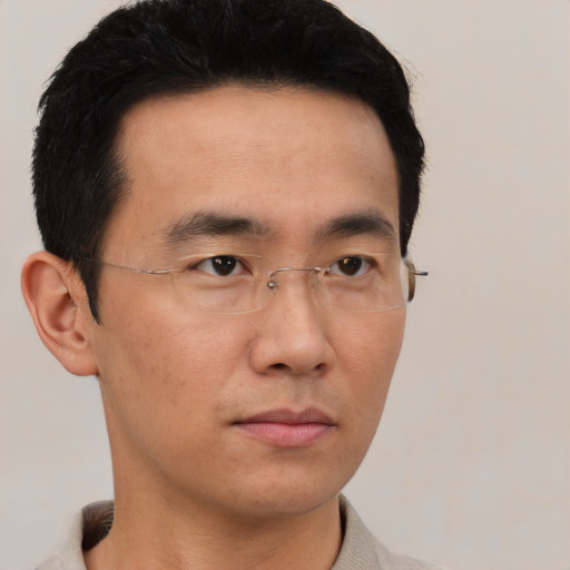 Neutral asian young-adult male with short  black hair and brown eyes
