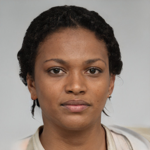 Neutral black young-adult female with short  black hair and brown eyes