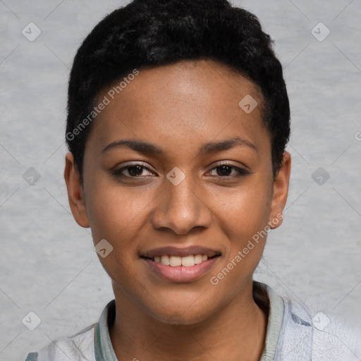 Joyful latino young-adult female with short  black hair and brown eyes