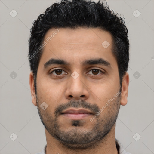Neutral latino young-adult male with short  black hair and brown eyes
