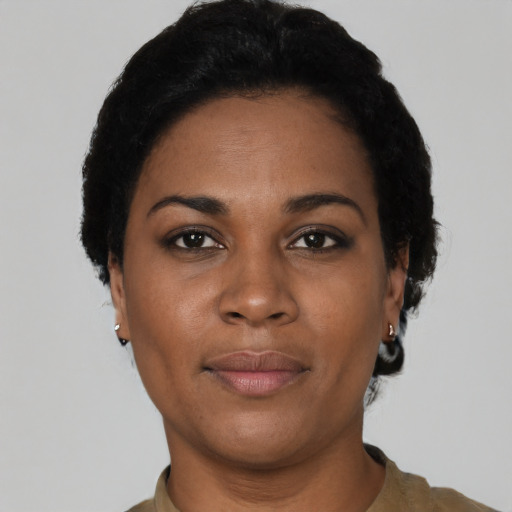 Neutral black young-adult female with short  black hair and brown eyes