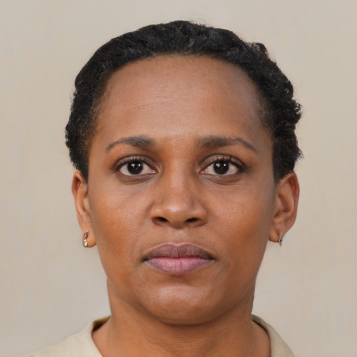 Neutral black young-adult female with short  brown hair and brown eyes