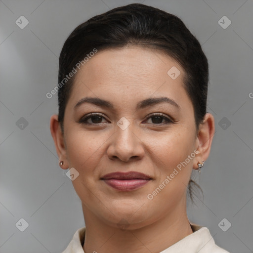 Joyful white young-adult female with short  brown hair and brown eyes