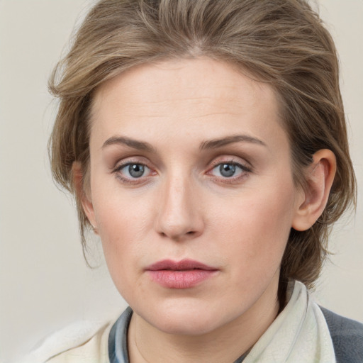 Joyful white young-adult female with medium  brown hair and blue eyes