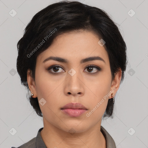 Neutral asian young-adult female with medium  black hair and brown eyes