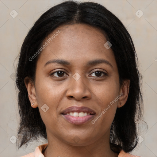 Joyful latino young-adult female with medium  brown hair and brown eyes